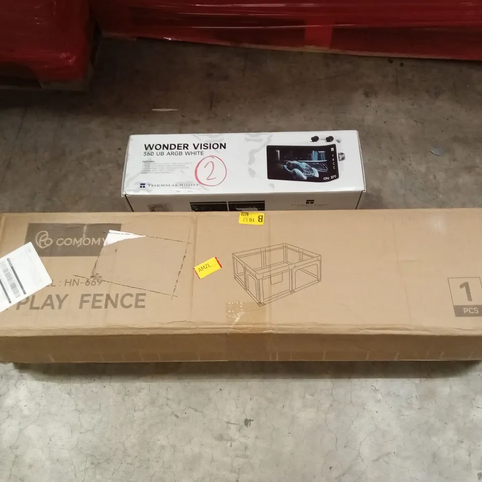 PALLET OF ASSORTED HOUSEHOLD GOODS AND PRODUCTS TO INCLUDE; WONDER VISION AIO CPU LIQUID COOLER, BABY PLAYPEN, CAT LITTER BOX, BOXED FURNITURE ETC