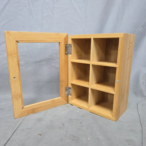 WOODEN DISPLAY CABINET WITH GLASS DOOR AND SIX CUBBY SHELVES