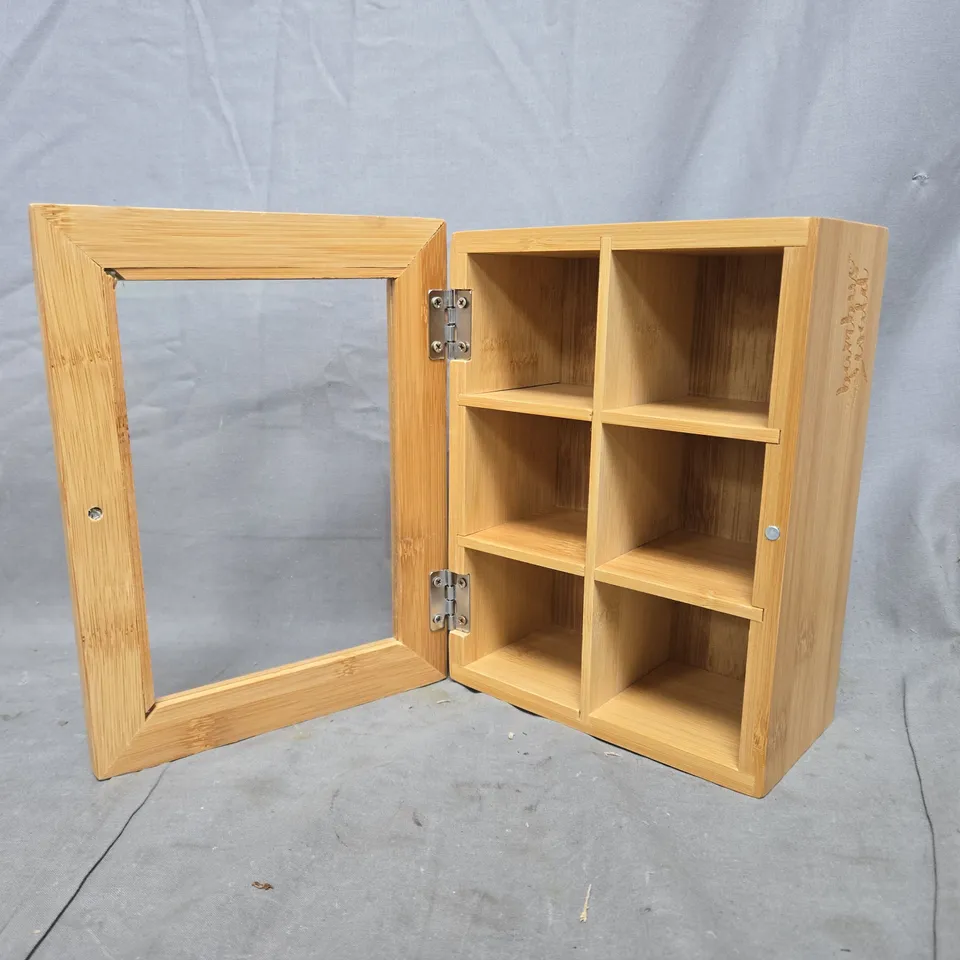 WOODEN DISPLAY CABINET WITH GLASS DOOR AND SIX CUBBY SHELVES