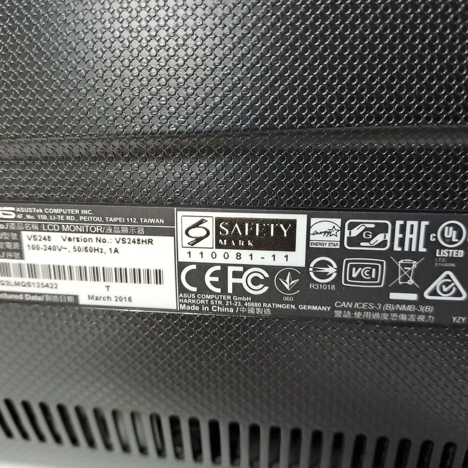 ASUS 24" LCD HDMI MONITOR MODEL VS248HR SERIAL #G3LMQS125422