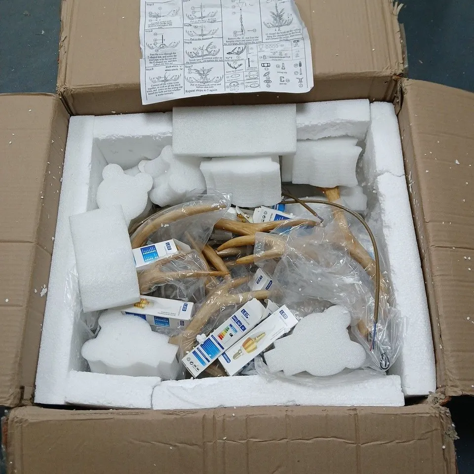 ANTLER CHANDELIER INCLUDING BULBS, WITH ASSEMBLY INSTRUCTIONS. BOXED
