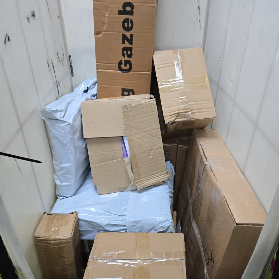 CAGE OF APPROXIMATELY 10 ASSORTED HOUSEHOLD ITEMS TO INCLUDE FOLDING GAZEBO, UNSCENTED DEHUMIDIFIERS, ETC - COLLECTION ONLY