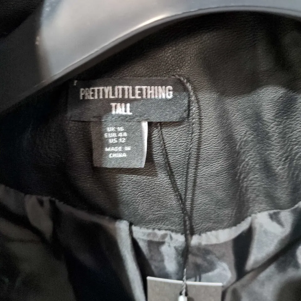 PRETTYLITTLETHING TALL LEATHER JACKET – UK 15 (EU 44, US 12) BLACK