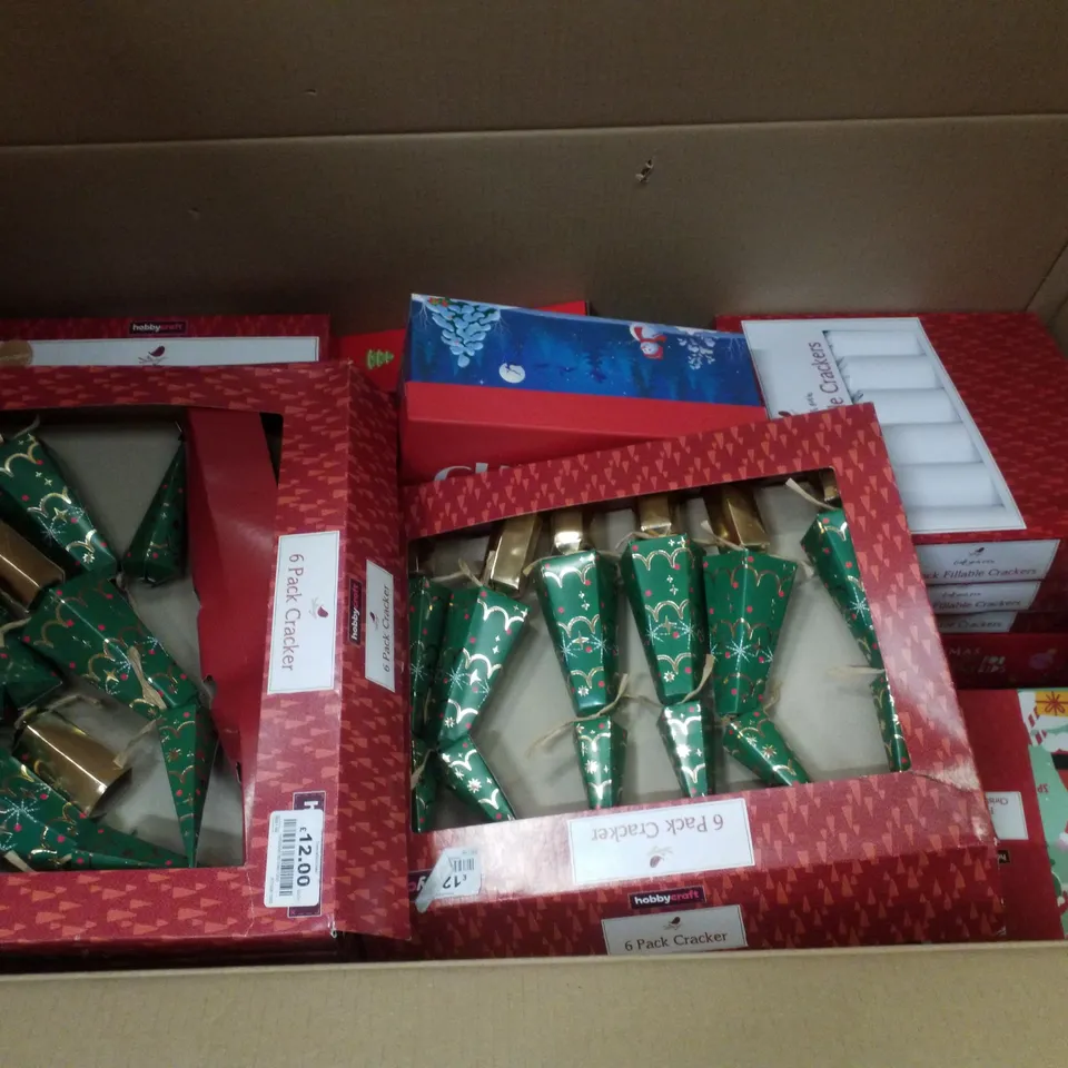 PALLET CONTAINING ASSORTED CHRISTMAS PRODUCTS & DECORATIONS INCLUDING CRACKER 6-PACKS, FLAT PACK CHRISTMAS EVE BOX, CERAMIC NATIVITY SNOWMAN SOAP DISPENSER & CANDLES