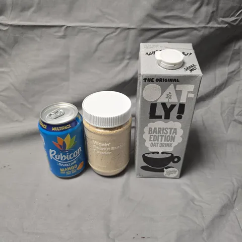 APPROXIMATELY 10 ASSORTED FOOD/DRINK PRODUCTS TO INCLUDE RUBICON MANGO, OAT DRINK & PEANUT BUTTER POWDER