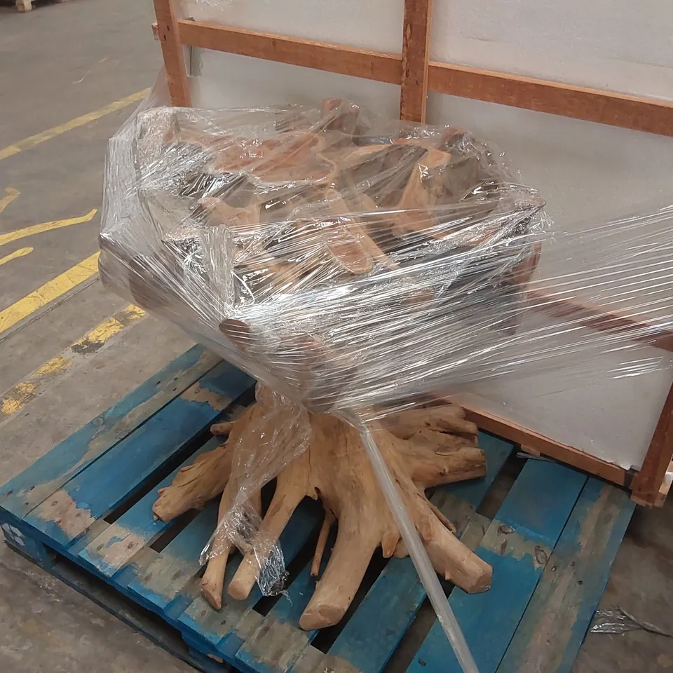 PACKAGED HOMESDIRECT365 TEAK ROOT DRIFT GLASS ROUND DINING TABLE (2 ITEMS)