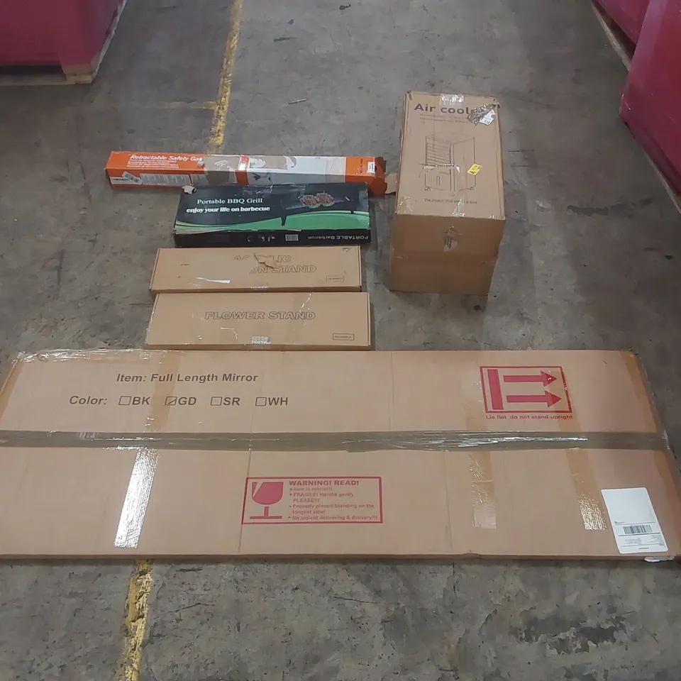 PALLET OF ASSORTED ITEMS INCLUDING: FULL LENGTH MIRROR, AIR COOLERS, RETRACTABLE SAFETY GATE, PORTABLE BBQ GRILL, FLOWER STAND ECT