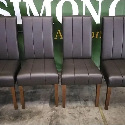4 DARK BROWN LEATHER DINING CHAIRS WITH WOODEN LEGS