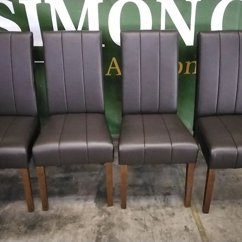 4 DARK BROWN LEATHER DINING CHAIRS WITH WOODEN LEGS