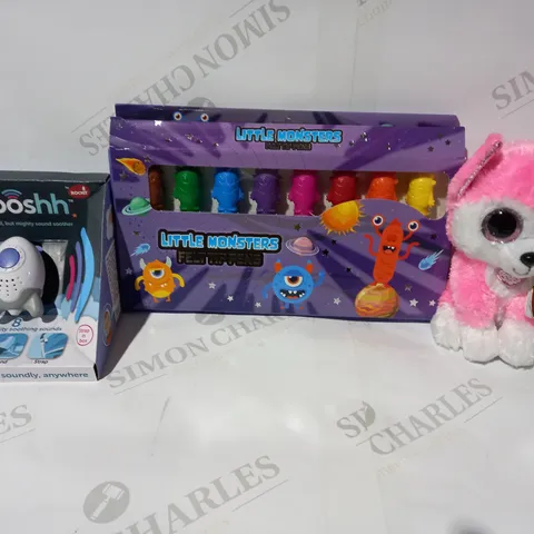 BOX OF APPROXIMATELY 15 ASSORTED TOYS AND GAMES TO INCLUDE ROCKIT WOOSHH SOUND SOOTHER, LITTLE MONSTERS FELT TIP PENS, TY BEANIE BOOS PLUSH