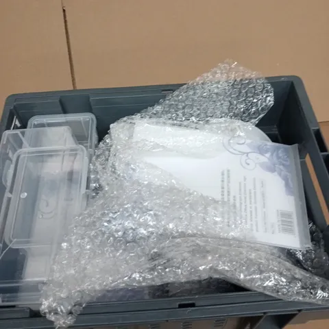 BOX OF APPROXIMATELY 10 ASSORTED GOODS INCLUDING PLASTIC BOXES, NUMBER 2 LAMP AND PLASTIC SIGNS