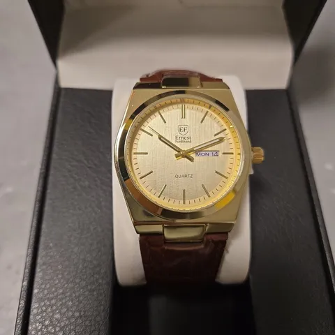 BOXED ERNEST FERDINAND MENS GOLD DIAL BROWN LEATHER STRAP WATCH