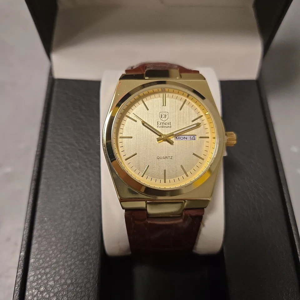 BOXED ERNEST FERDINAND MENS GOLD DIAL BROWN LEATHER STRAP WATCH
