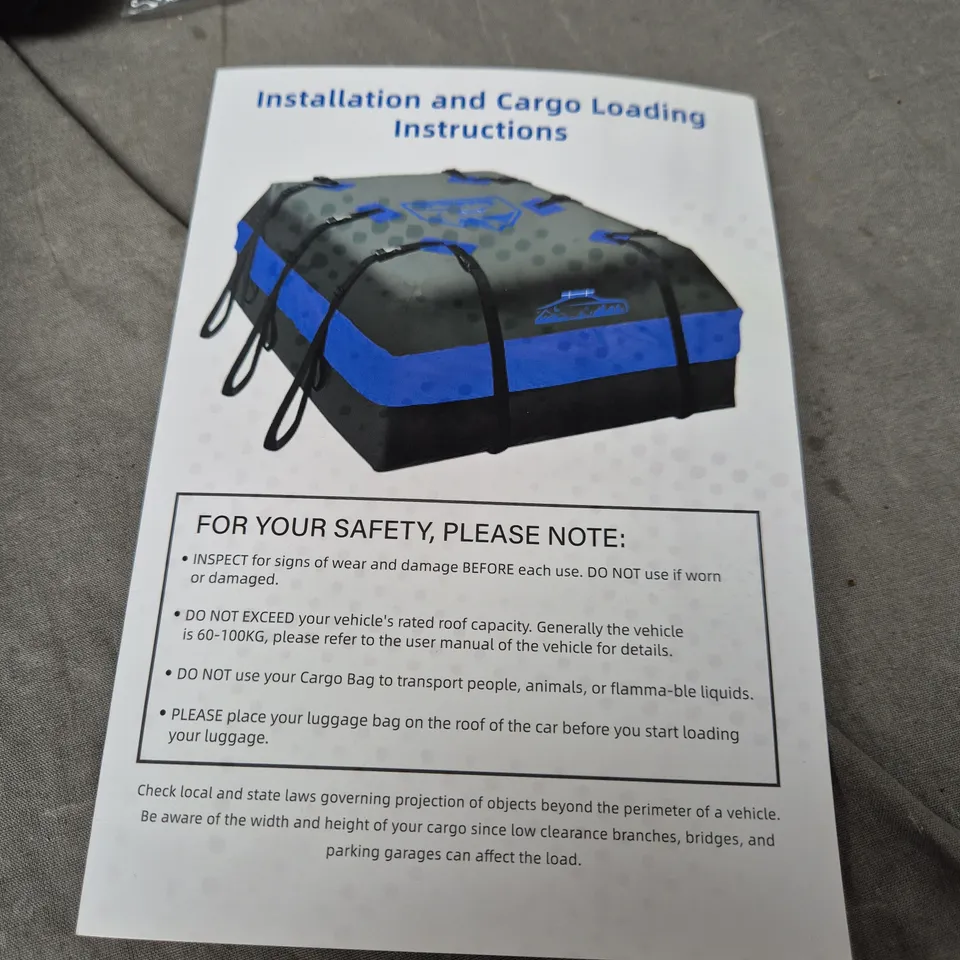 CAR ROOF CARGO BAG WITH STRAPS & MANUAL