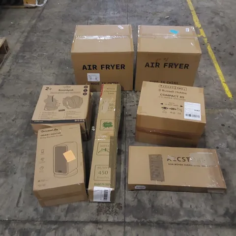 PALLET TO CONTAIN ASSORTED HOUSEHOLD ITEMS AND CONSUMER PRODUCTS. INCLUDING SMART HEATER, AIR FRYERS, FABRIC SHOE RACK, CHRISTMAS TREE, VACUUM CLEANER ETC