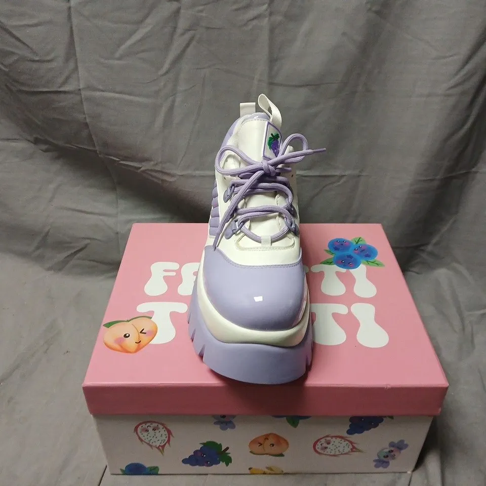 BOXED PAIR OF KOI FRUITTI TUTTI GRAPE JELLY TRAINERS IN PURPLE/WHITE SIZE UK 6
