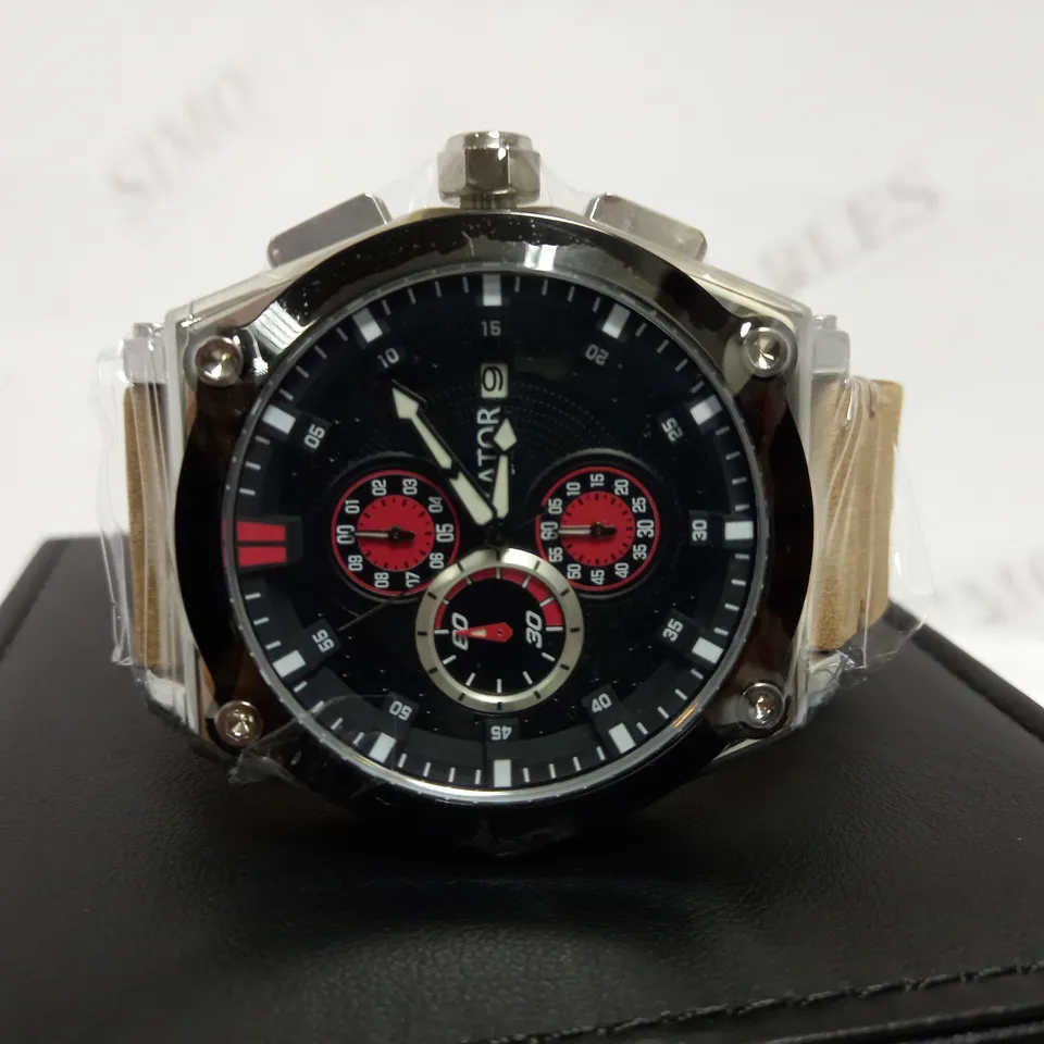LATOR CALIBRE BLACK & RED TRIPLE DIAL SUEDE LEATHER STRAP WATCH RRP £635