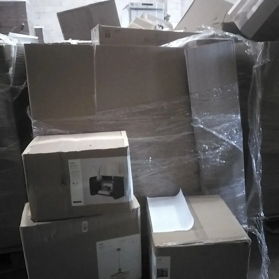 PALLET CONTAINING A VERY LARGE QUANTITY OF ASSORTED DESIGNER LIGHTING PRODUCTS INCLUDING:PLUG IN WALL LIGHT,AUDRA 5 LIGHT CHANDELIER PENDENT,TABLE LAMP