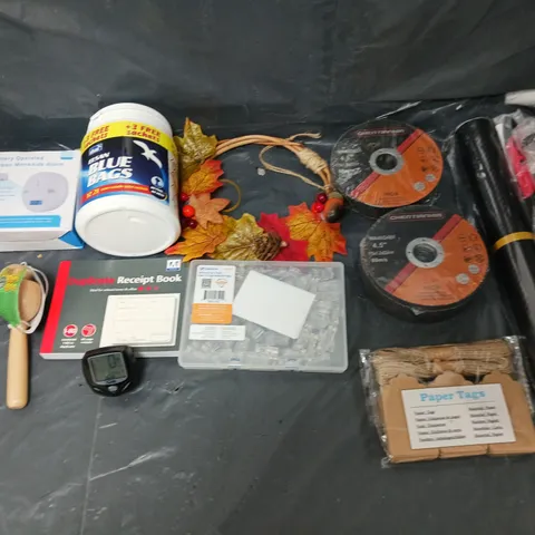 BOX OF APPROXIMATELY 8 ASSORTED ITEMS TO INCLUDE - RECIEPT BOOK, BLUE BAGS, AND CHO ALARM ETC. 