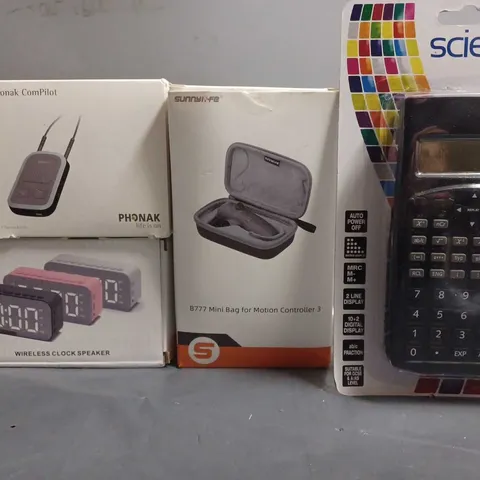 APPROXIMATELY 5 ASSORTED ITEMS TO INCLUDE - SCIENTIFIC CALCULATOR , CLOCK SPEAKER , MOTION CONTROLLER BAG ETC