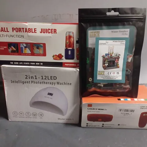 APPROXIMATELY 5 ASSORTED ITEMS TO INCLUDE - CHARGE MINI 3 , SMALL PORTABLE JUICER , WINTER FIREPLACE ETC