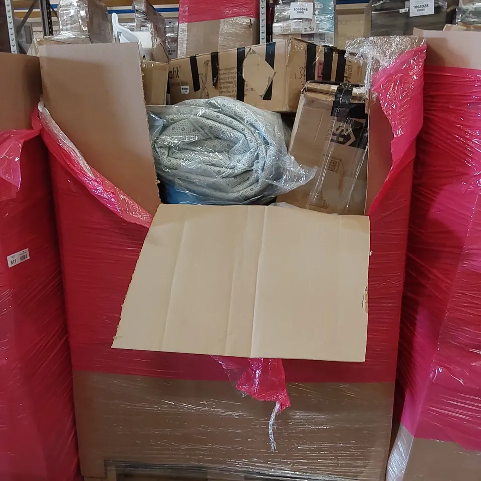 PALLET OF ASSORTED HOUSEHOLD ITEMS AND CONSUMER PRODUCTS TO INCLUDE; EXERCISE BIKE, PARTY TENT, BOXED FURNITURE ETC 