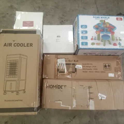 PALLET OF ASSORTED ITEMS INCLUDING AIR COOLER, HOMIDEC DRYING RACK, TODDLERS BED RAIL, BEACH TOY TABLE, JUVALE SQUARE CAKE BOARDS, SPARKLE & BASH CUPCAKE STANDS