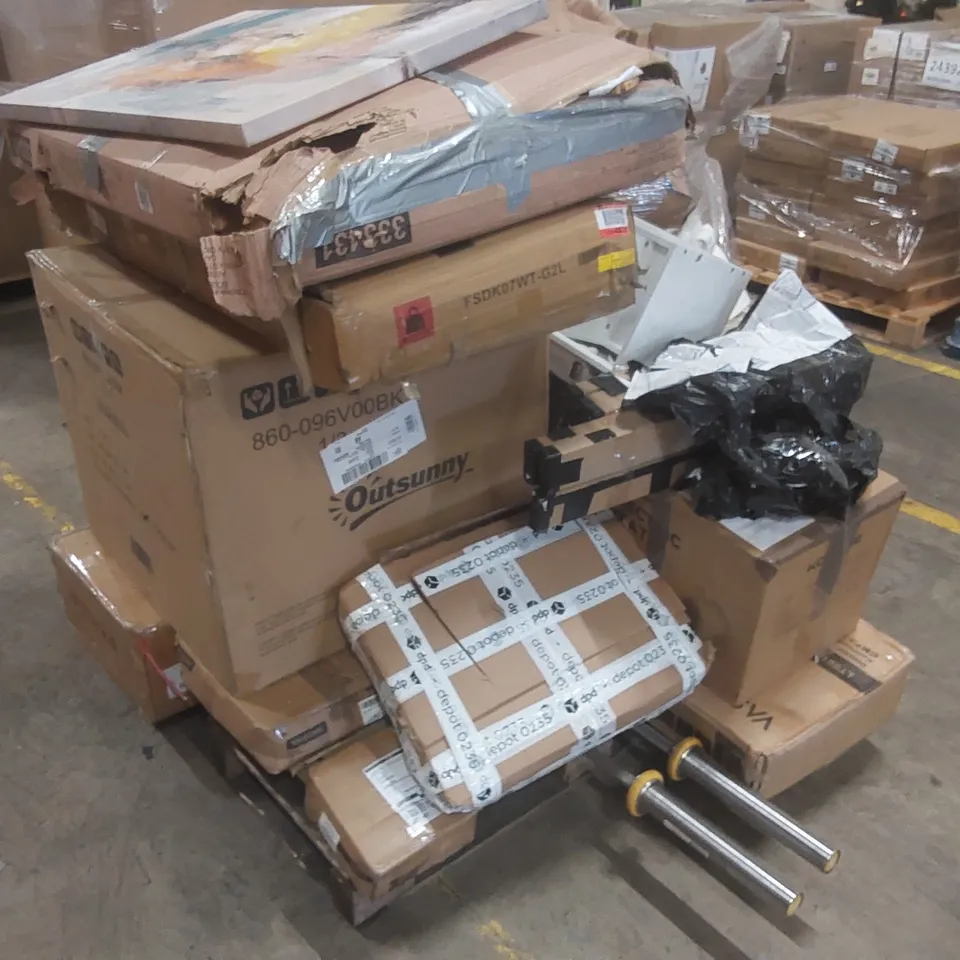 PALLET CONTAINING A LARGE QUANTITY OF ASSORTED ITEMS INCLUDING: FURNITURE PARTS, PAINTING, ELECTRIC HEATER ECT