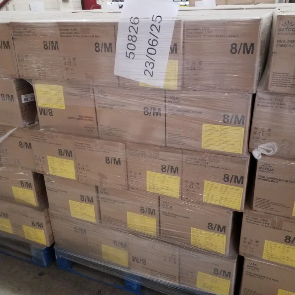 PALLET CONTAINING APPROXIMATELY 700 INTCO VINYL GLOVES 100PK MEDIUM