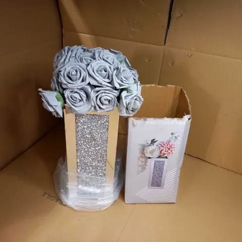CRUSHED CRYSTAL VASE/GREY FLORAL/GEM DETAILED FAUX FLOWER ARRANGEMENT/VASE