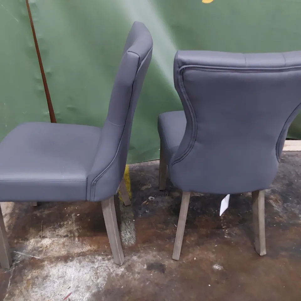 PAIR OF DESIGNER UPHOLSTERED BUTTONED BACK DINING CHAIRS GREY PU ON SILVERED LEGS 