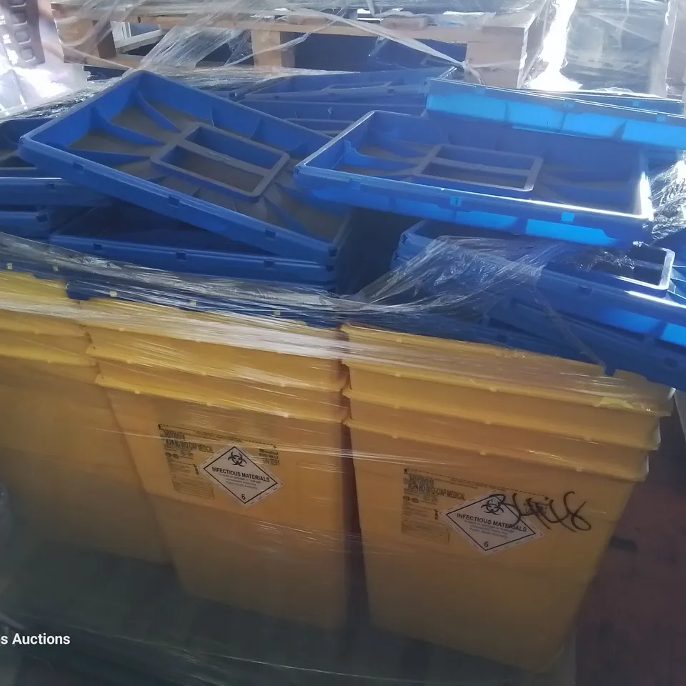 PALLET OF APPROXIMATELY 36 MEDICAL INFECTIOUS MATERIAL 50L BINS & LIDS