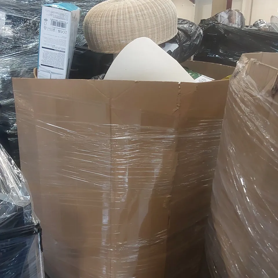 PALLET CONTAINING A VERY LARGE QUANTITY OF ASSORTED ITEMS INCLUDING: BOSCH LAWN MOWER, DAEWOO VACUUM CLEANER, FAN, LAMPSHADES, SUITCASE ECT