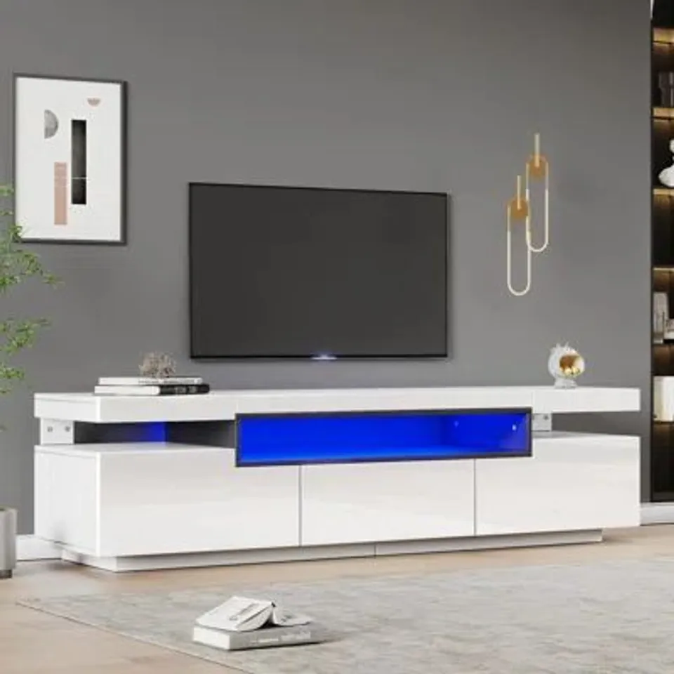 BOXED 160cm TV STAND WITH 3 DRAWERS AND LED - WHITE (2 BOXES)