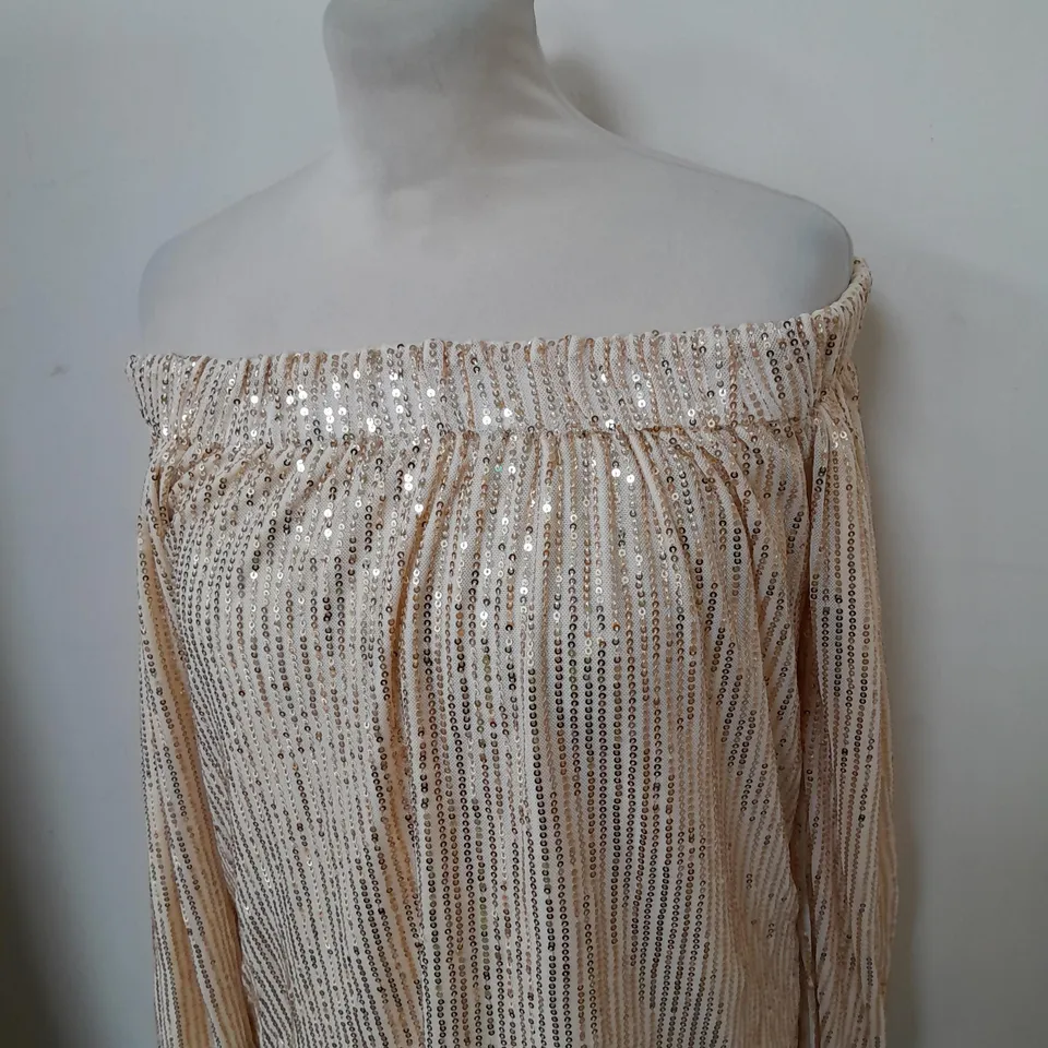 BOOHOO TALL SEQUIN BARDOT LONG SLEEVED TOP GOLD SIZE 16