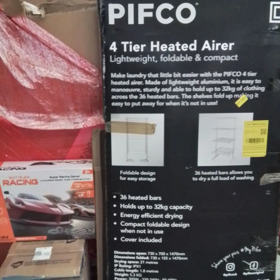 PALLET OF ASSORTED HOUSEHOLD GOODS AND PRODUCTS TO INCLUDE;CLOTHES AIRER,AIR COOLER,KIDS RACING GAME