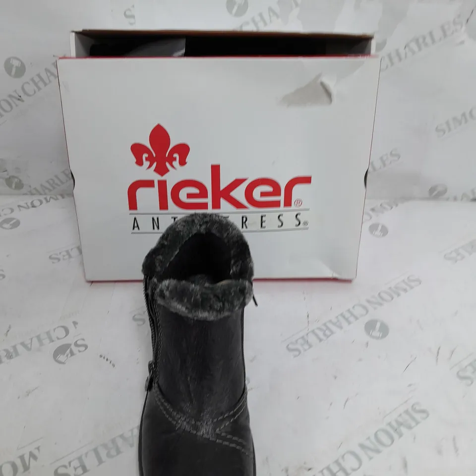 BOXED RIEKER ANKLE BOOTS WITH FUR CUFF, BLACK - SIZE 6
