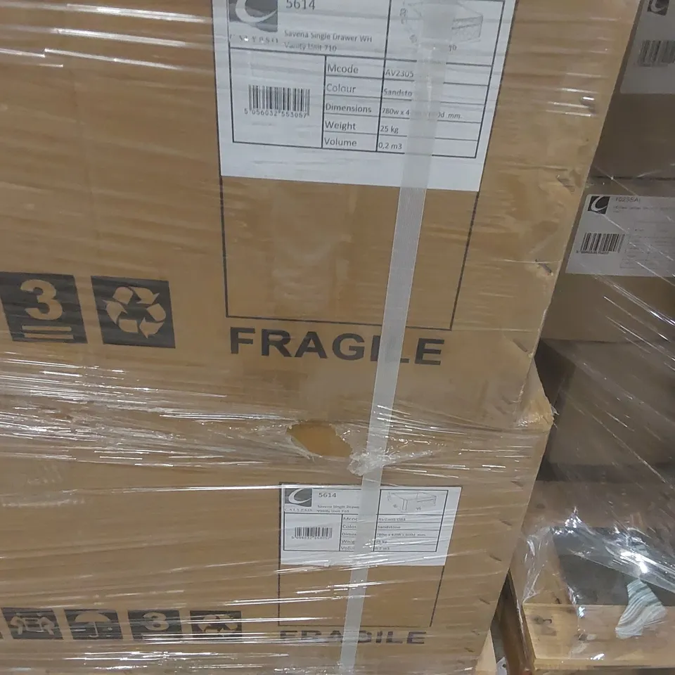 PALLET CONTAINING A LARGE QUANTITY OF ASSORTED BATHROOM FURNITURE PARTS INCLUDING: SAVENA SINGLE DRAWER VANITY BASES