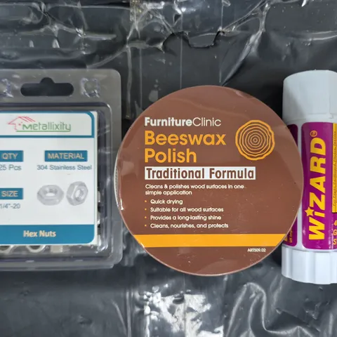 APPROXIMATELY 10 ASSORTED HOUSEHOLD ITEMS TO INCLUDE BEESWAX POLISH, HEX NUTS, ETC