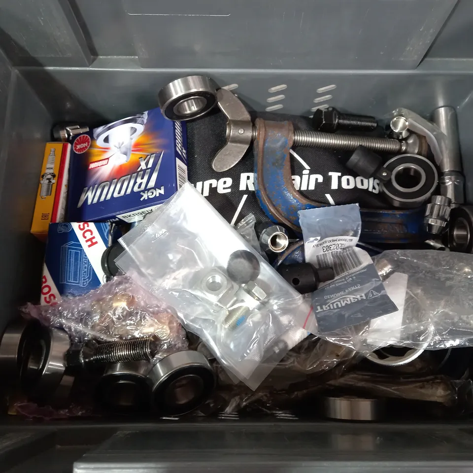 BOX OF APPROX 10 ASSORTED ITEMS INCLUDING TYRE REPAIR KIT, HOSE CLAMP TOOL AND ASSORTED SPANNERS