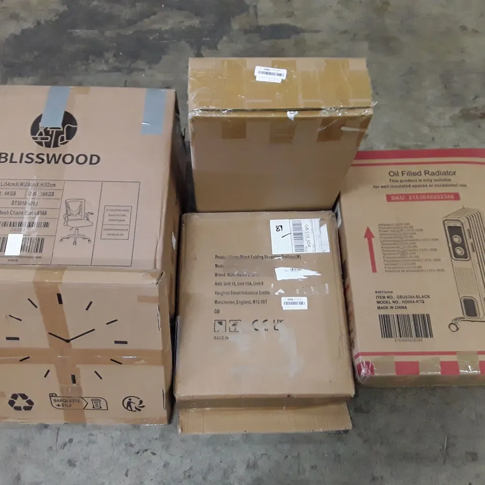 PALLET OF ASSORTED PRODUCTS INCLUDING MESH CHAIR, OIL FILLED RADIATOR, BLACK FOLDING SHOPPING TROLLEYS, WALL CLOCK