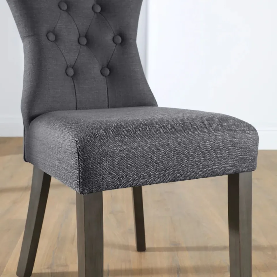 BOXED BEWLEY DINING CHAIR, SLATE GREY CLASSIC LINEN-WEAVE FABRIC & GREY SOLID HARDWOOD 