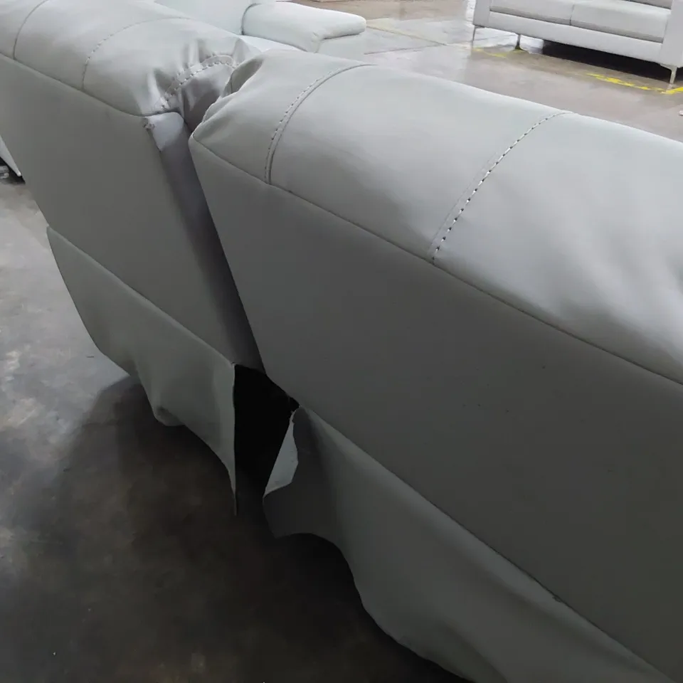 DESIGNER MANUAL RECLINING TWO SEATER SOFA LIGHT GREY LEATHER WITH CONTRASTING PIPING
