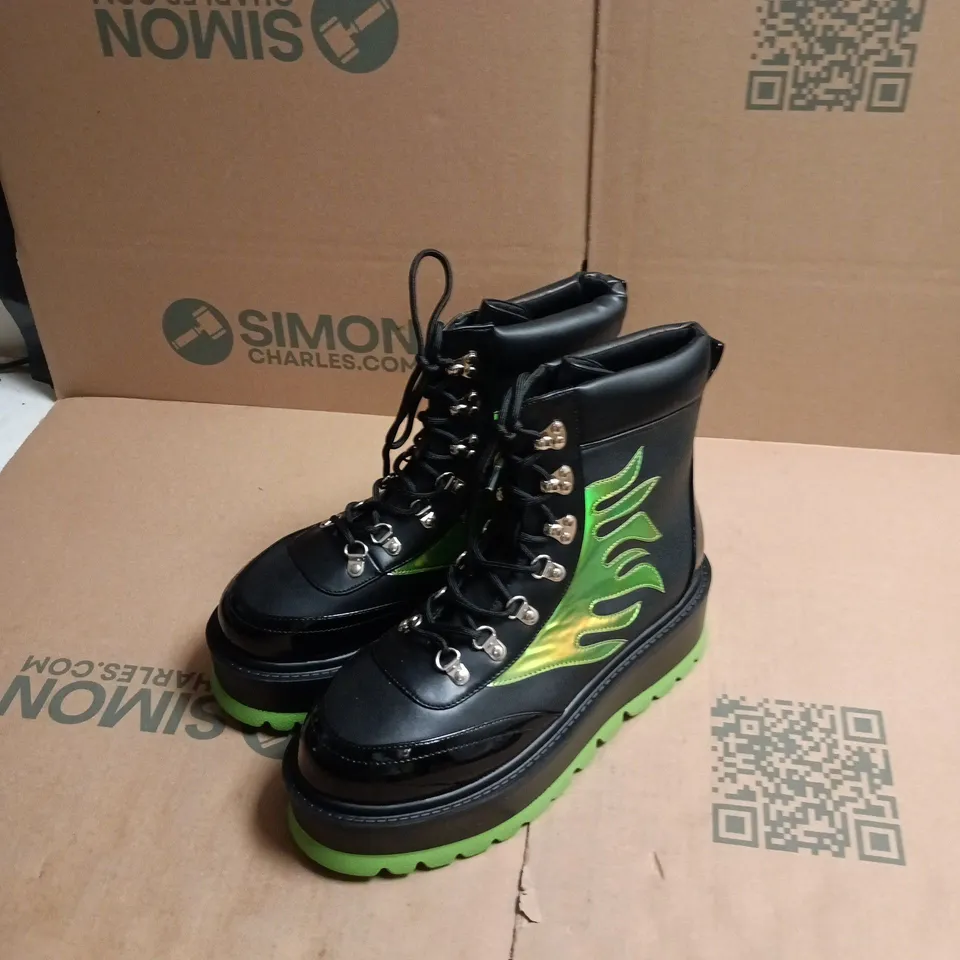 KOI CHA CHA CHA HOLOGRAM FLAME BOOTS – UK 10, BLACK WITH GREEN OUTSOLE
