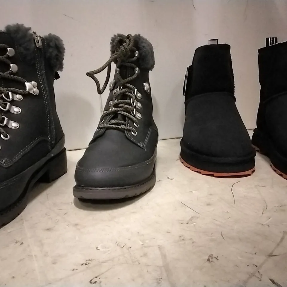 BOXED UNISEX EMU AUSTRALIA OKAB BOOTS , 2 PAIR ESPRESSO  SIZE 9 , 2 PAIRS SHARKY MINI BLACK,  SIZE 8 