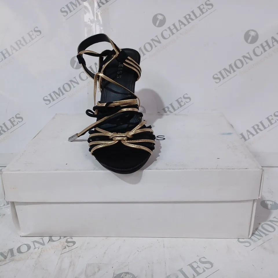 BOXED PAIR OF REISS CASSIDY STRAPPY HEELS IN BLACK/GOLD UK SIZE 4