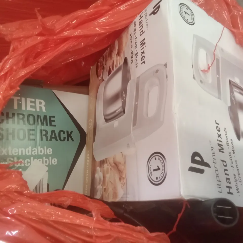 PALLET OF ASSORTED ITEMS INCLUDING HAND MIXER, 2 TIER CHROME SHOE RACK, PEPE, HOMIDEC, KITCHENEDGE