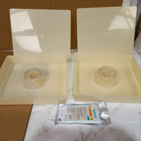 LOT OF 2 BEIGE STORAGE BOXES AND A PACKET OF APIVAR BEE HIVE STRIPS
