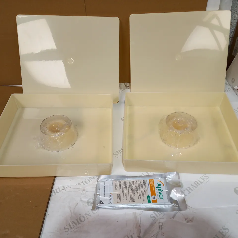 LOT OF 2 BEIGE STORAGE BOXES AND A PACKET OF APIVAR BEE HIVE STRIPS