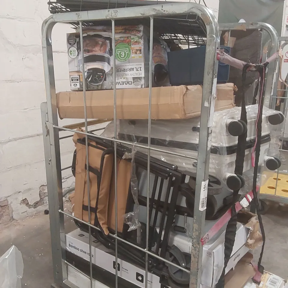 CAGE CONTAINING A LARGE QUANTITY OF ASSORTED ITEMS INCLUDING: AIR FRYER, SUITCASES, BAMBOO SHOE RACKS ECT // CAGE NOT INCLUDED